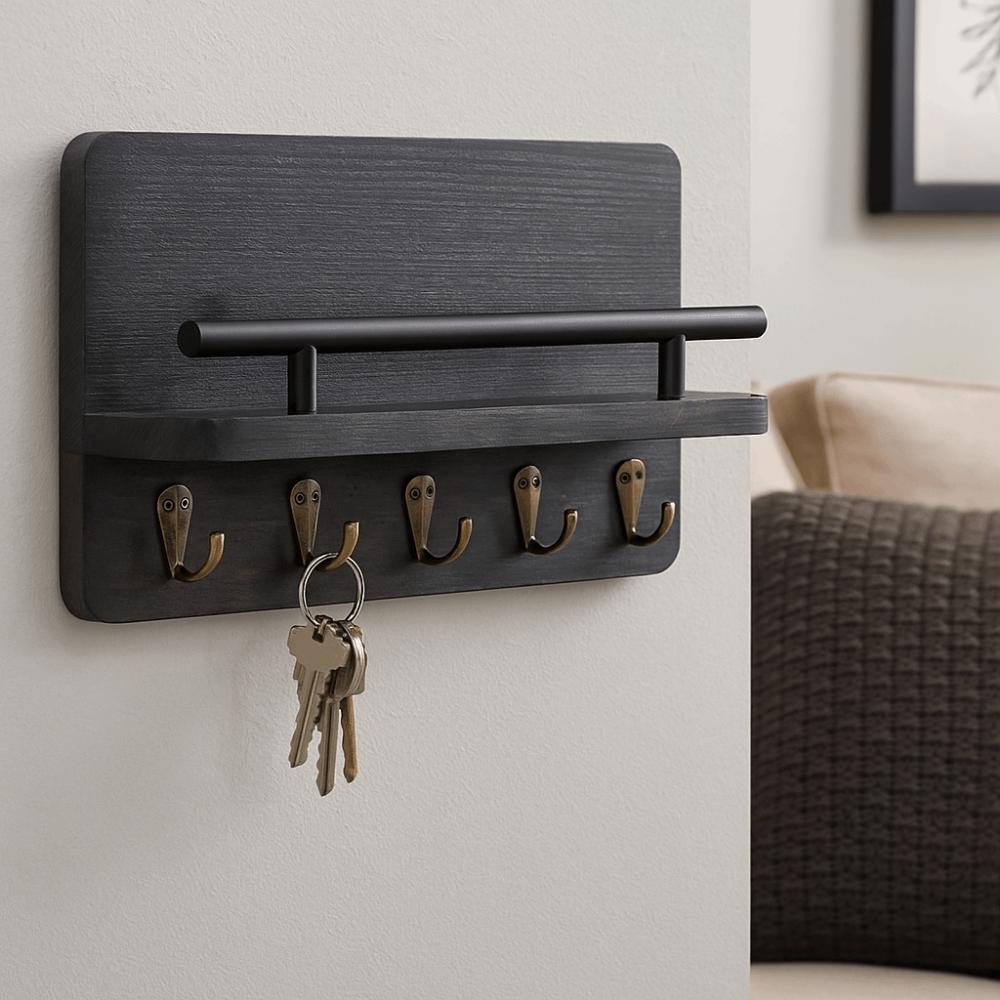 Wall Mounted Wooden Key Holder Floating Shelf Clothes Storage Rack Coat Hook  Home Decor