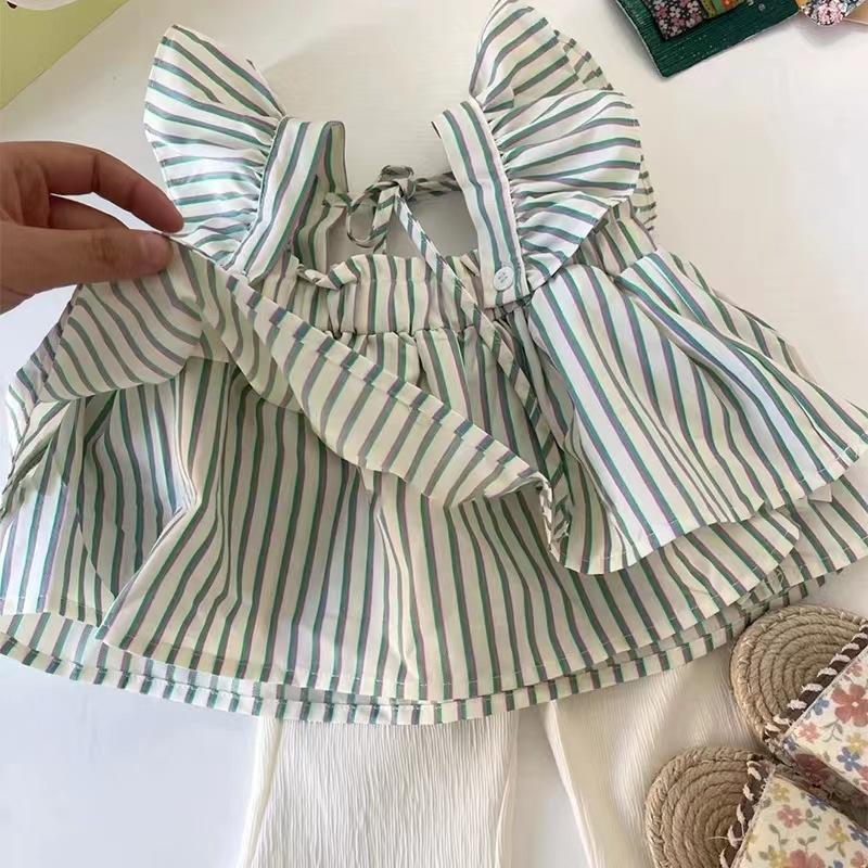 Girls Summer Fashion Set Striped Shirt And Flare Pants Two Piece Outfit Thin Breathable Stylish Streetwear For Toddler Baby