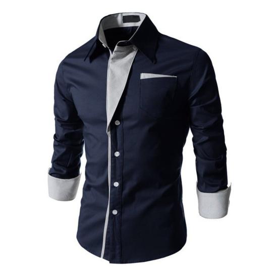 Men Spring Shirt Button Long Sleeves Solid Color Lapel Single-breasted Warm Patch Pocket Plus Size Mid Length Men Top for Office