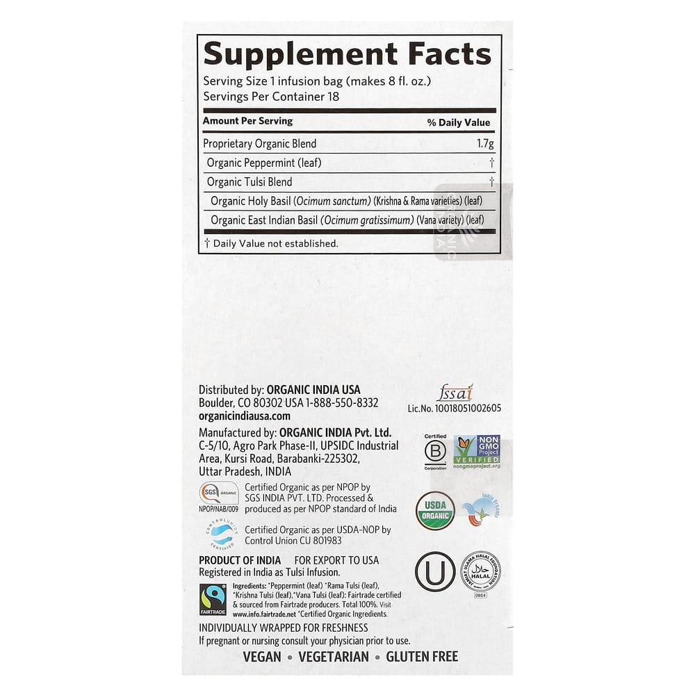 Organic India Tulsi Tee Pfefferminz Koffeinfrei 18 Teebeutel 30,6g (1,08 Unzen)