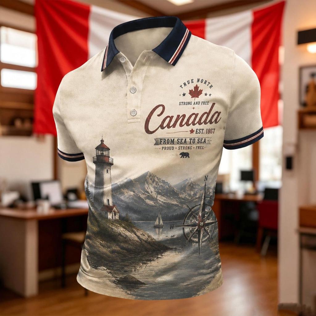 Men's Soccer Fan Polo Shirt Canada Themed Short Sleeve Breathable Mesh Fabric Lightweight Comfortable Fit Collar Buttoned Front