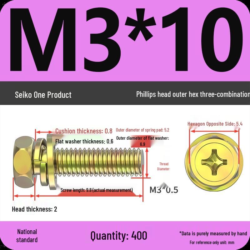 Concave Head Hexagon Combination Bolt Set with Spring Washer and Gasket - 3 Pieces