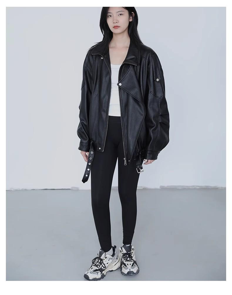 Retro Stand Collar Motorcycle PU Leather Jacket - Autumn/Winter Hong Kong Style, Loose and Versatile Outerwear