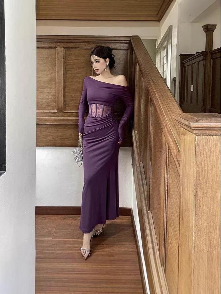 Women's Winter Purple Lace-Spliced Draped Fishtail Dress