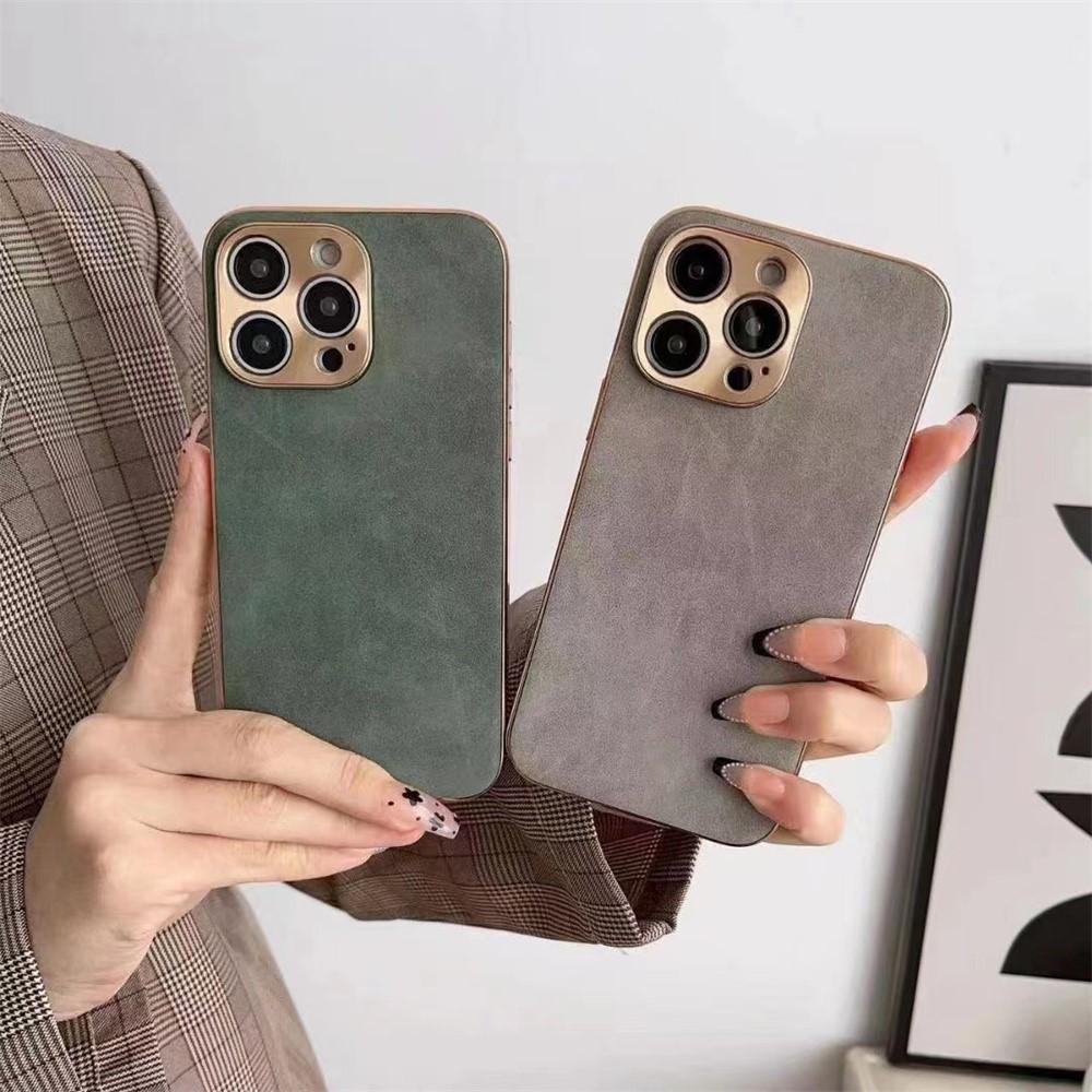 Funda Metálica con Baño de Cuero de Cordero Gamuzado para iPhone 15 14 13 12 Pro Max Plus Protector de Cámara Parachoques Protector contra Golpes