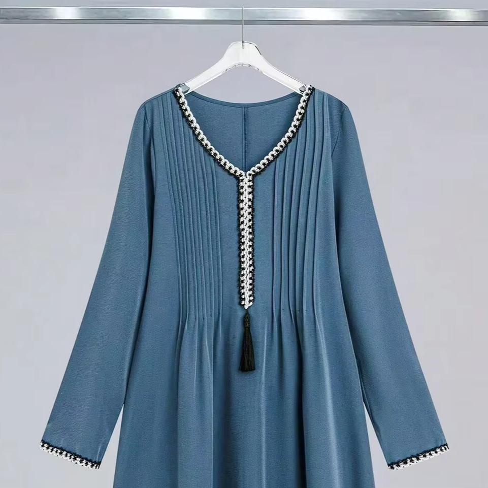 Women's V-Neck Pleated Casual Long Sleeve Arabian Dress Kaftan Clothing Woman Maxi Dresses