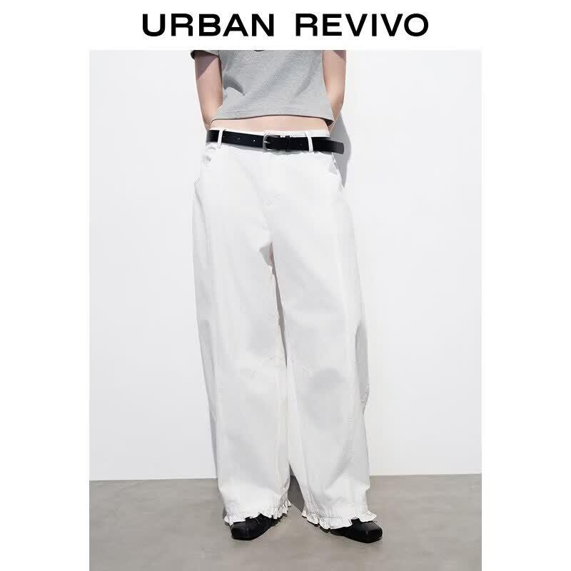 UR2026 Women s Ruffle Waist Cotton Curved Leg Pants L