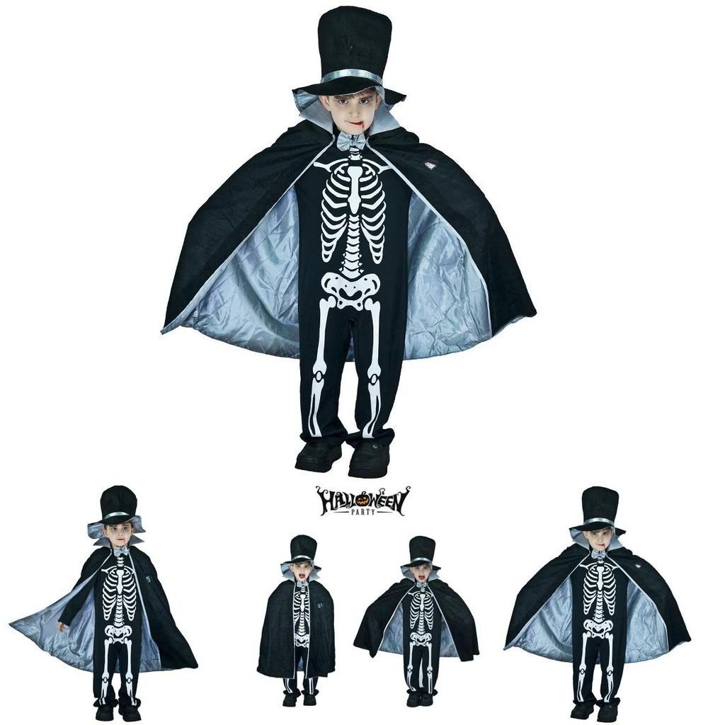 Kids Boy Skeleton Skull Ghost Cloak Halloween Cosplay Party Outfit Costume