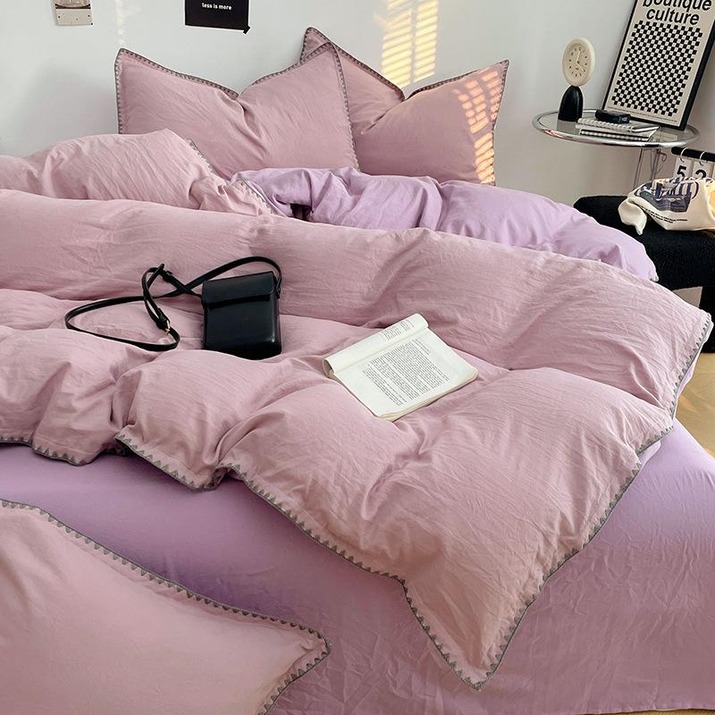 Solid Color Soft Duvet Cover Set Skin Friendly Washable Cotton Queen Bedding Set with Comforter Cover Bed Sheet and Pillowcases