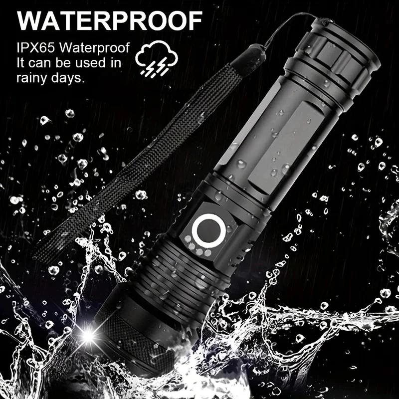 High Power XHP50 LED Flashlight Type-c Rechargeable Aluminium Alloy Torch Zoom Hand Lantern For Camping, Outdoor Emergency