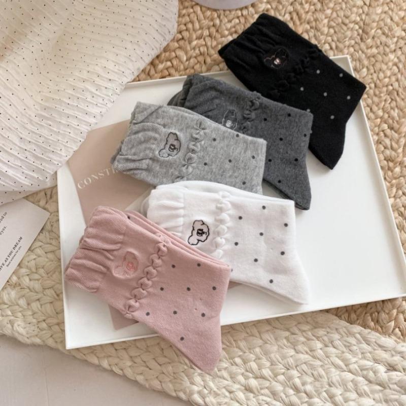 Embroidered Bear Socks, Girls' Autumn Cartoon Cute Mid-calf Socks, Bubble Mouth Polka Dot Socks, Boneless Pile Socks