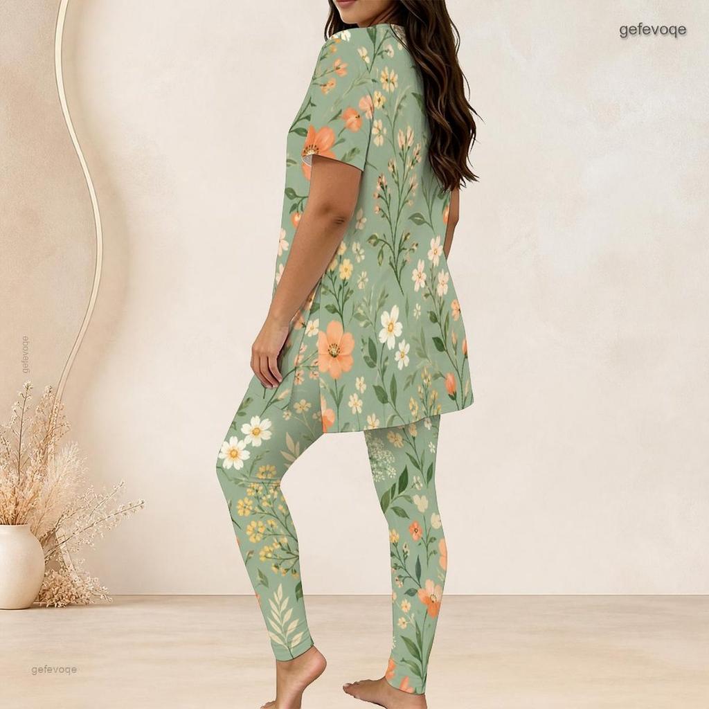 Women Plus Size Two Piece Suit Crew Neck Short Sleeve Shirt Long Pants