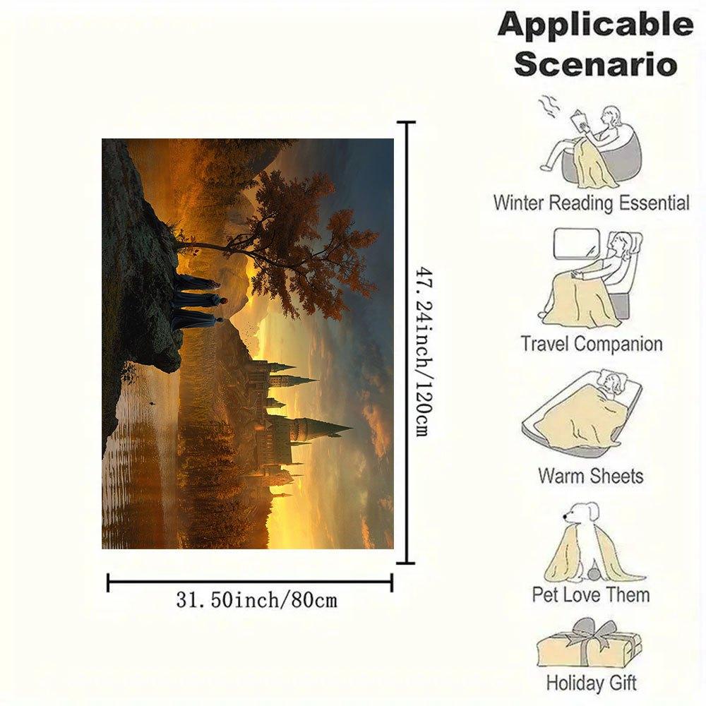 Hogwarts Castle Sunset Fantasy Art PrintBlanket Flannel Throw Blanket for Sofa, Bed, Travel, Camping, Office, Couch, Chair