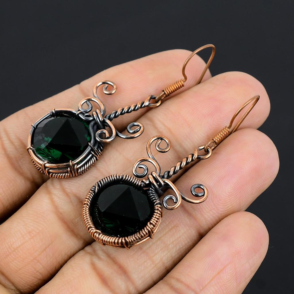 Chrome Diopside Handmade Gemstone Earrings, 999 Copper Wire Wrapped Earrings, Unique Design Jewelry Earrings