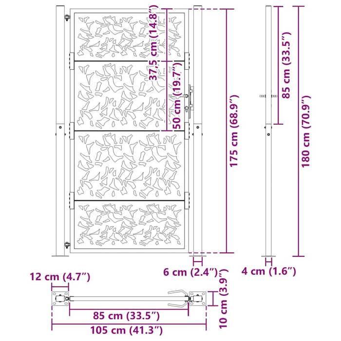 VidaXL Portail de jardin noir 105x180 cm acier conception de feuilles, porte de clôture, porte extérieure, porte en métal, 4100962