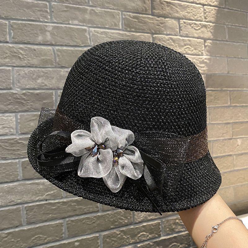 

Summer New Floral Knitted Fisherman Hat Curly Edge Breathable Sunscreen Short Brim Outdoor Sun Hat For Women чёрный