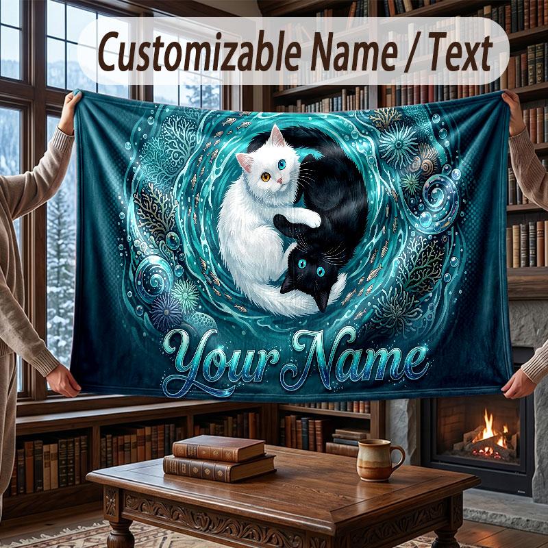Cat Theme Throw Blanket Custom Name Text Personalized Blanket Soft Cozy Blanket for Home Sofa Bed