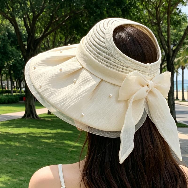 New splicing bow pearl empty top hat women's spring and summer mesh sunscreen hat big brim sweet sunshade sun hat