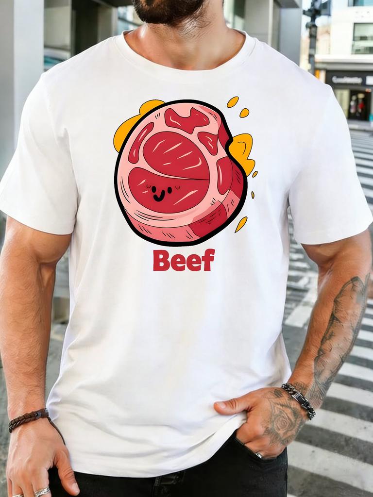 Unisex Black Tee Cute Cartoon Beef Steak Graphic Print Short Sleeve Loose Casual Top For Adult Male Daily Street Wear Outfit