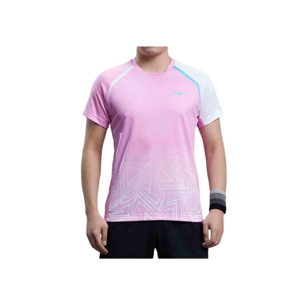 Li Ning Round Neck Pullover Logo Short Sleeve Badminton Shirt Men Tops Pink AAYR263-1
