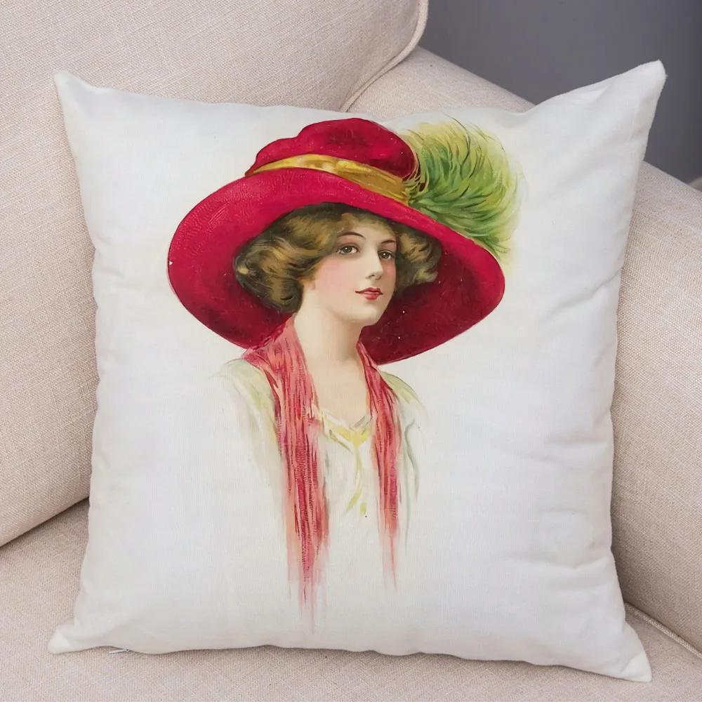 European Lady Cushion Cover Decor Vintage Style Elegant Women Print Pillowcase for Sofa Home Car Soft Plush Pillow Case 45x45cm