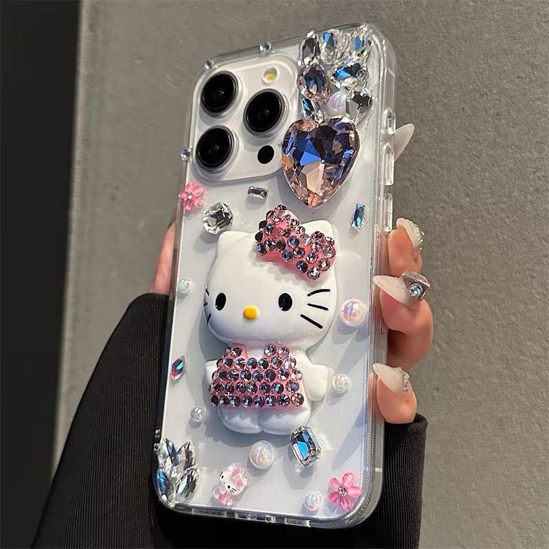 Rhinestone Love Pearl Luxury Mobile Phone Case For Iphone15Promax Cartoon Kt Cat Women'S Apple 16 Hard