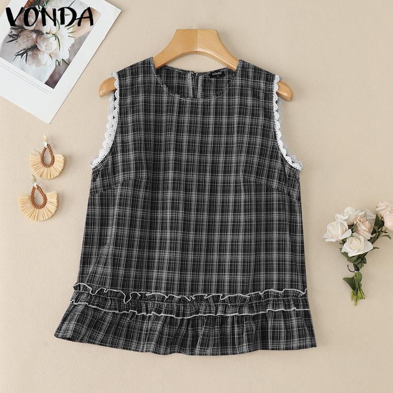 

VONDA Винтажные женские повседневные топы без рукавов с кружевной отделкой и клетчатым принтом S чёрный