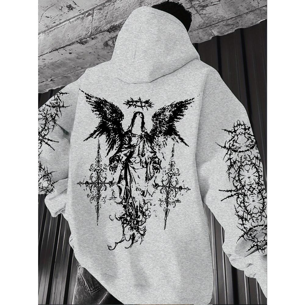Men's Angel Element Graffiti Thorn Print Fashionable Street Wear Hip-hop Punk Style Hoodie, Regular Fit, Casual Long Sleeved Pullover