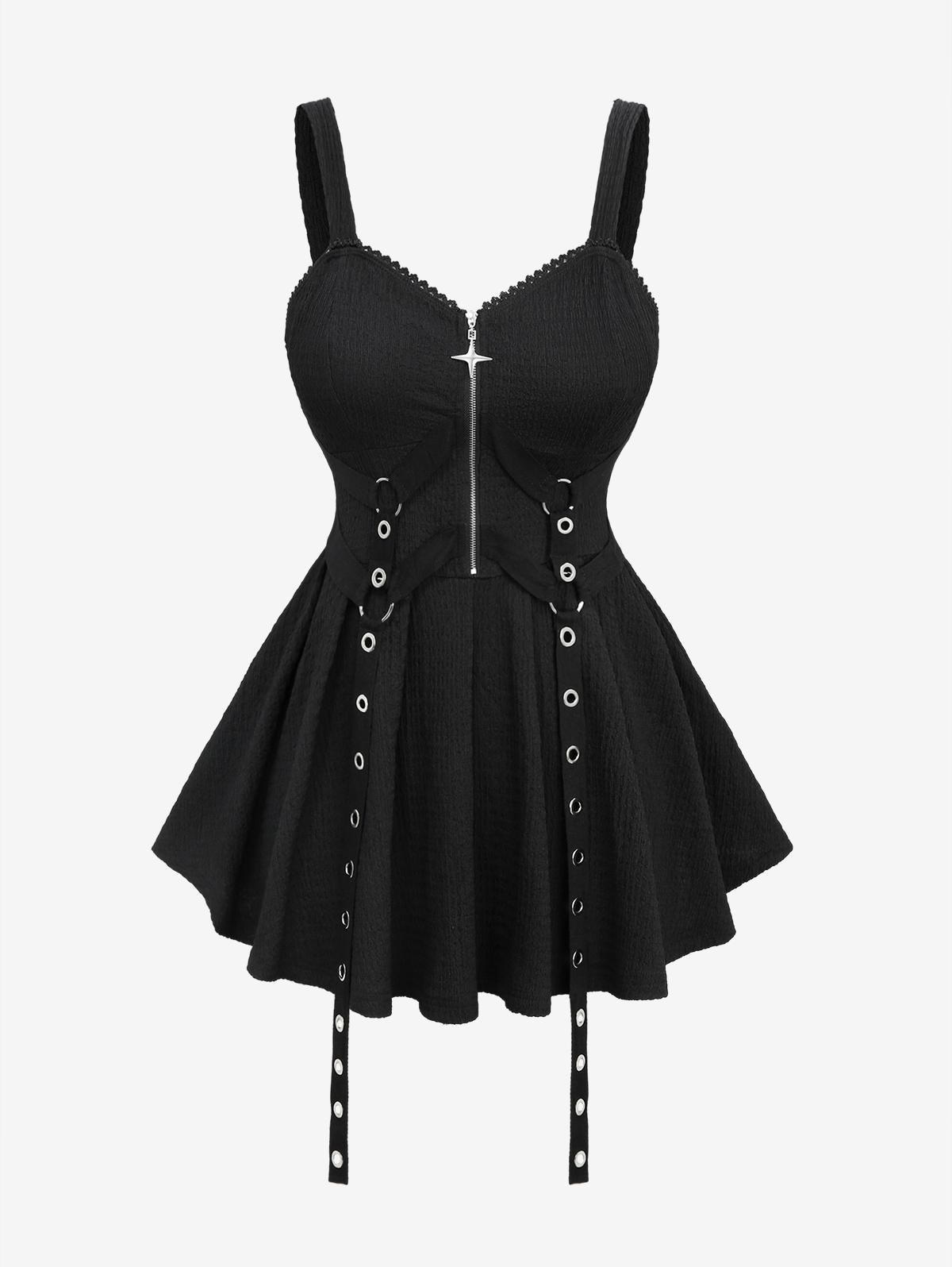 

Rosegal Plus Size Grommets Straps Star Zipper Lace Trim Plisse Tank Top L чёрный