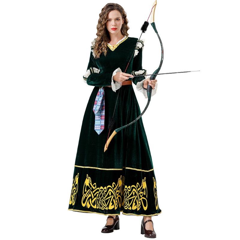 Halloween Costume Medieval Court Style, Retro Dark Green Dress Brave Legend Merida CO Cosplay
