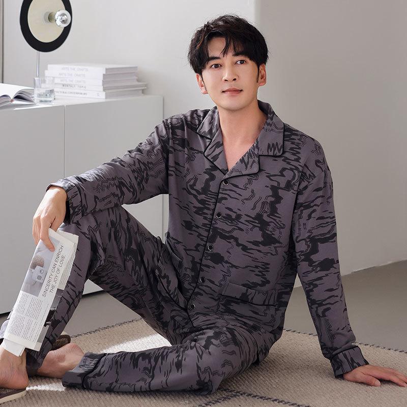 Pajamas Men'S Spring And Autumn Autumn Cotton Long Sleeve Loungewear Men'S Thin Suit