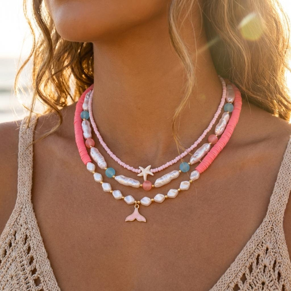 Retro Blaue Polymer Clay Perlen Muschel Seestern Halskette für Damen Meeres Elemente Schildkröte Muschel Mehrschichtiger Choker Strand Schmuck