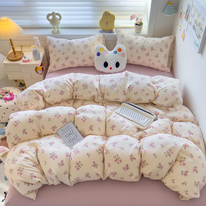 Class A Maternal and Infant Grade Knitted Cotton Double-layer Yarn 4pcs Set, Super Soft Washed Cotton Quilt Cover, Student Dormitory 3pcs Set
