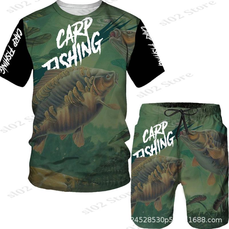 New Men's Short Sleeve Shorts Set Fashion 3D Digital Fish Printing Men's Beach Casual Set