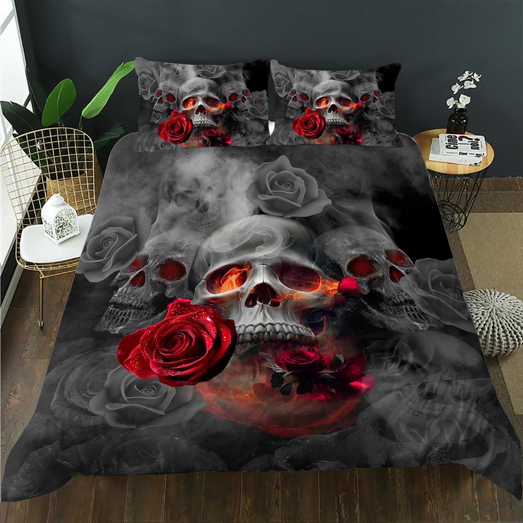 Sugar Skull Duvet Cover King, 3D Skull Bedding Set for Boys Girls, Bones Skeleton Blue Roses Comforter Cover with Pillowcases