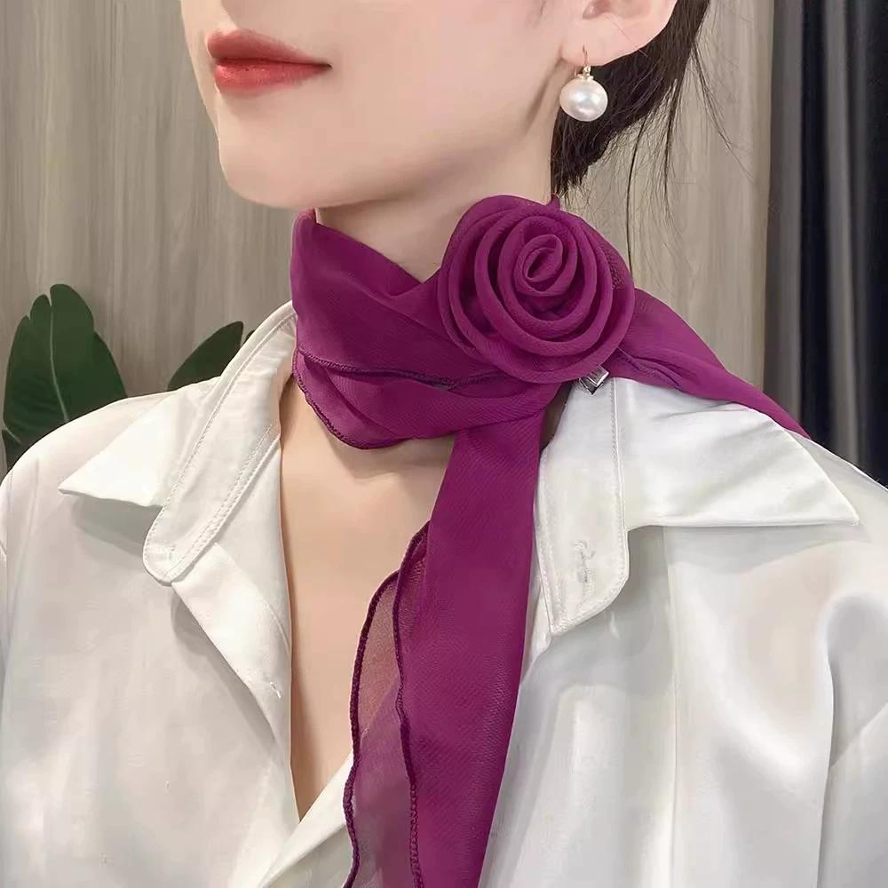 Summer Solid Color Rose Blossom Silk Scarf for Women Versatile and Stylish Thin Scarf for Neck Protection