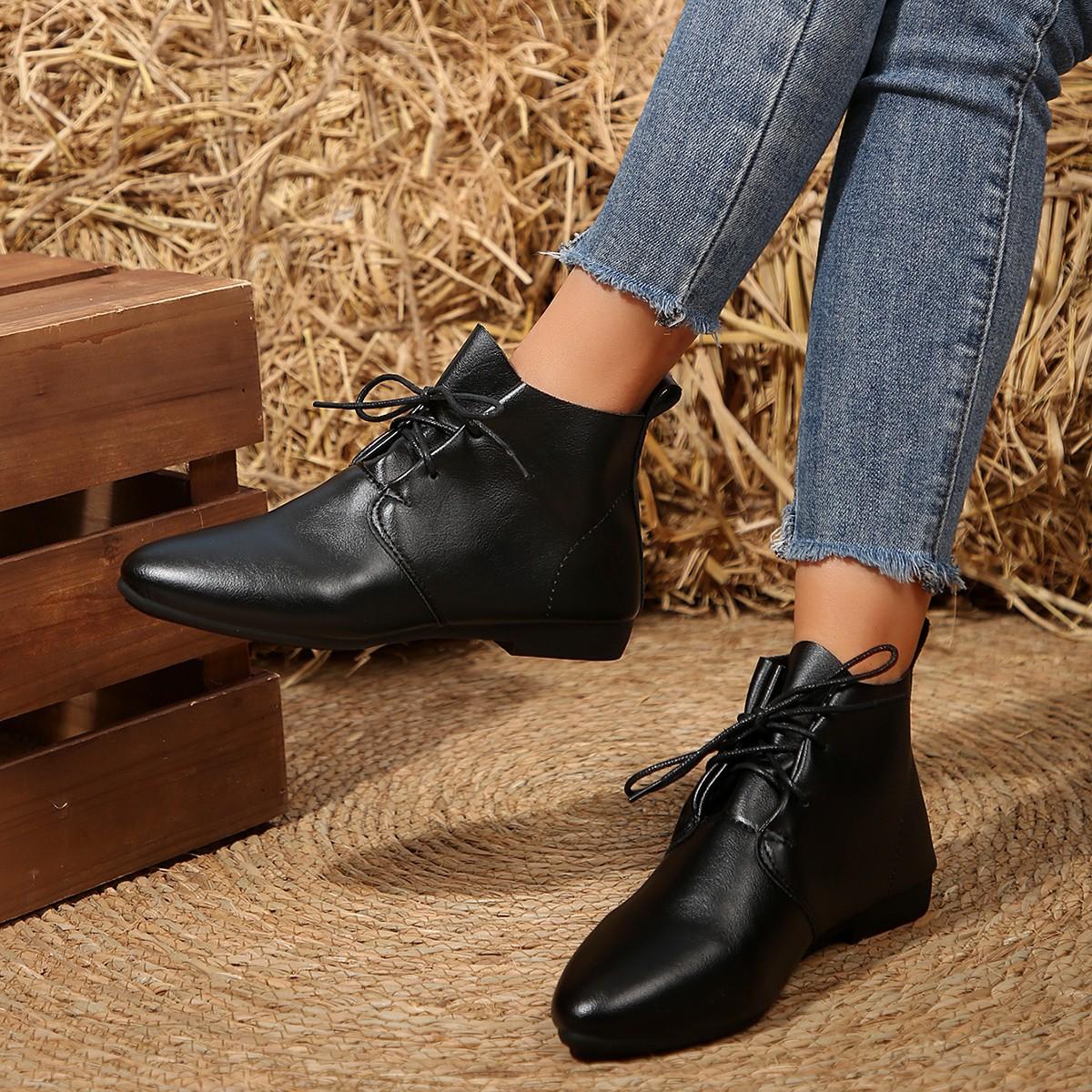 

Women S Ankle Boots Solid Color Leather Autumn Fashion Pointed Toe Lace-Up Flat Boots For Women Casual Retro Sewing Shoes 35