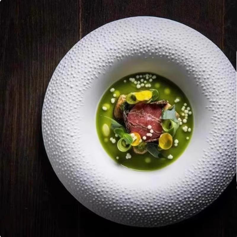 Kreativt sirkulært keramisk servise, dobbeltlags isolasjon, middagstallerken i vestlig stil, tilpasset hvit restaurant suppebolle.