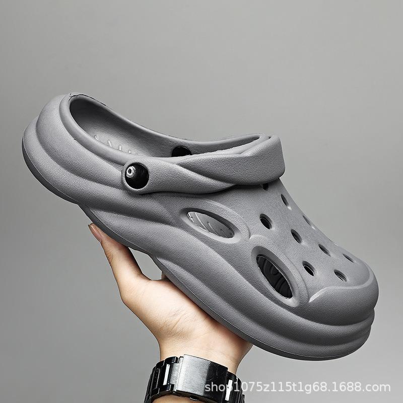 

Мужские туфли с отверстиями, новинка лета, толстая подошва, для вождения, нескользящие и износостойкие, для улицы, пляжные, с сумкой, сандалии с головкой доступны 44-45 серый