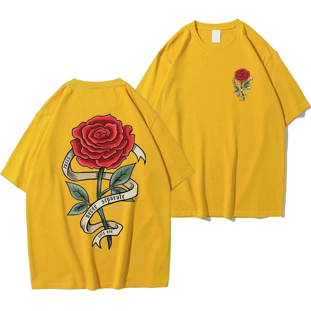 Red Roses Wrapped In Ribbons Print Clothes Men Cotton Breathable Tee Clothes Unisex Oversized Casual Loose T-Shirts Short Sleeve