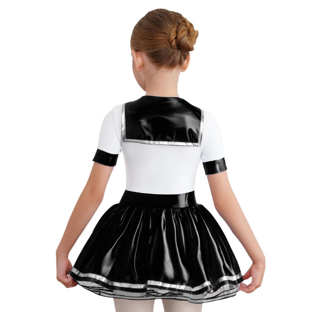 Costum de marinar pentru fete Bloc de culori Patchwork Luciu metalic Gât rotund Mânecă scurtă Cravată detașabilă Rochie bufantă