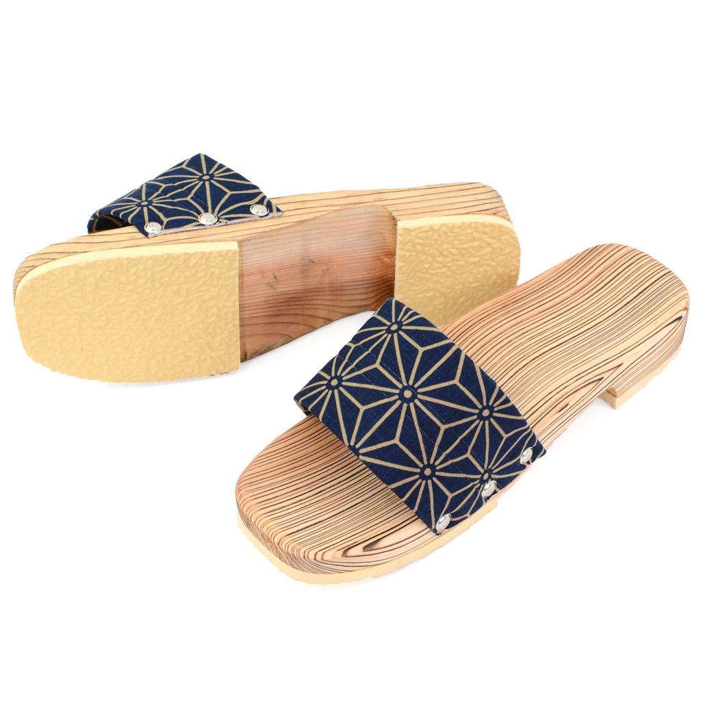 Takeharu Hita Made in Cedar Unglazed Bamboo Stroll Healthy Navy Hemp Leaf Pattern Geta, Japan, Men's Clogs, Cedar, Style, Sandals, Blue,