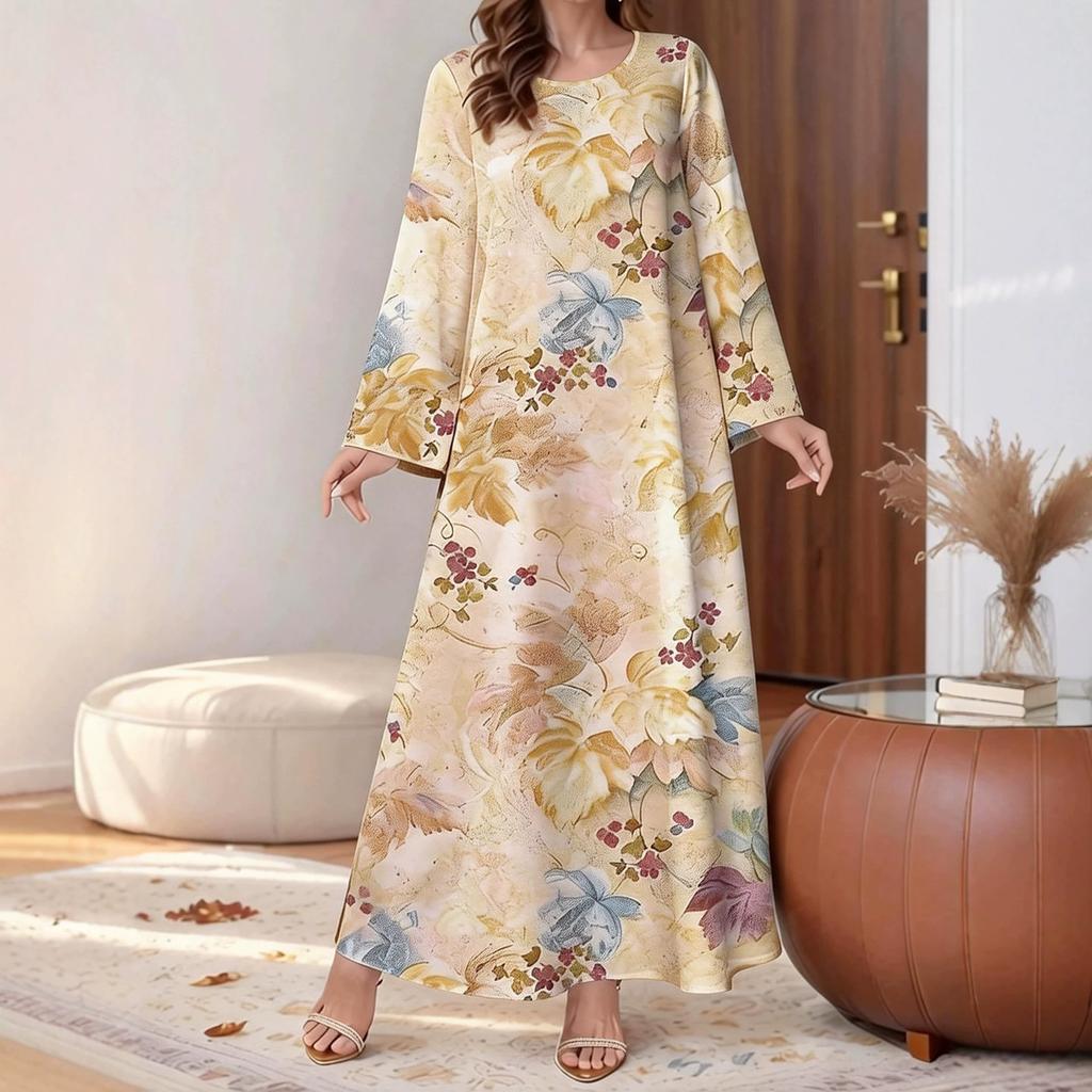 New Watercolor Floral Loose Large-size Dress with Long Sleeves and Round Neck - Printed Women's Dress