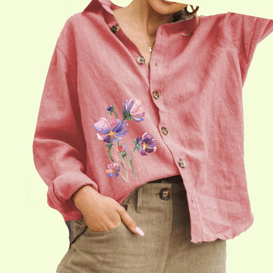 Women Fashion Flower Print Blouse Ladies Casual Cotton Linen Button Down Long Sleeve Shirt