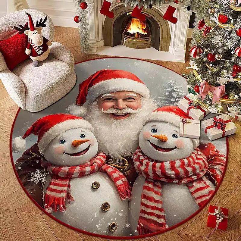 Christmas Joyful Santa Claus Snowman Carpet Mat Round Red Gift Boxes Rug Festive Non-slip Home Decoration for Living Room Carpet