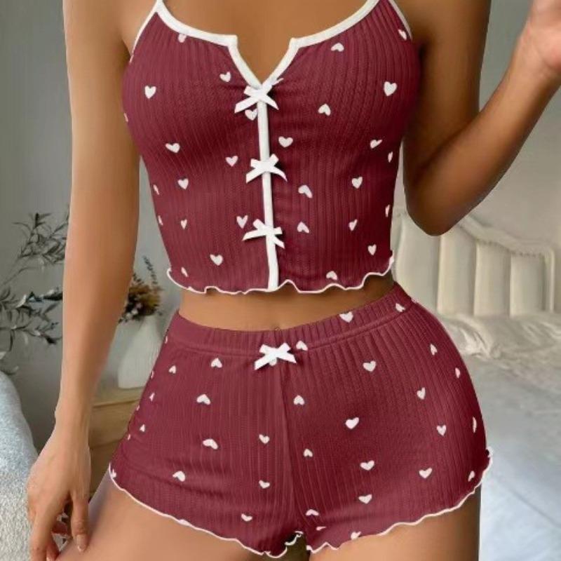 Sleepwear Women Pajamas Set Heart Print Soft Ribbed Fabric with Flirty Frill Trim Casual Top and Shorts Sets Loungewear New
