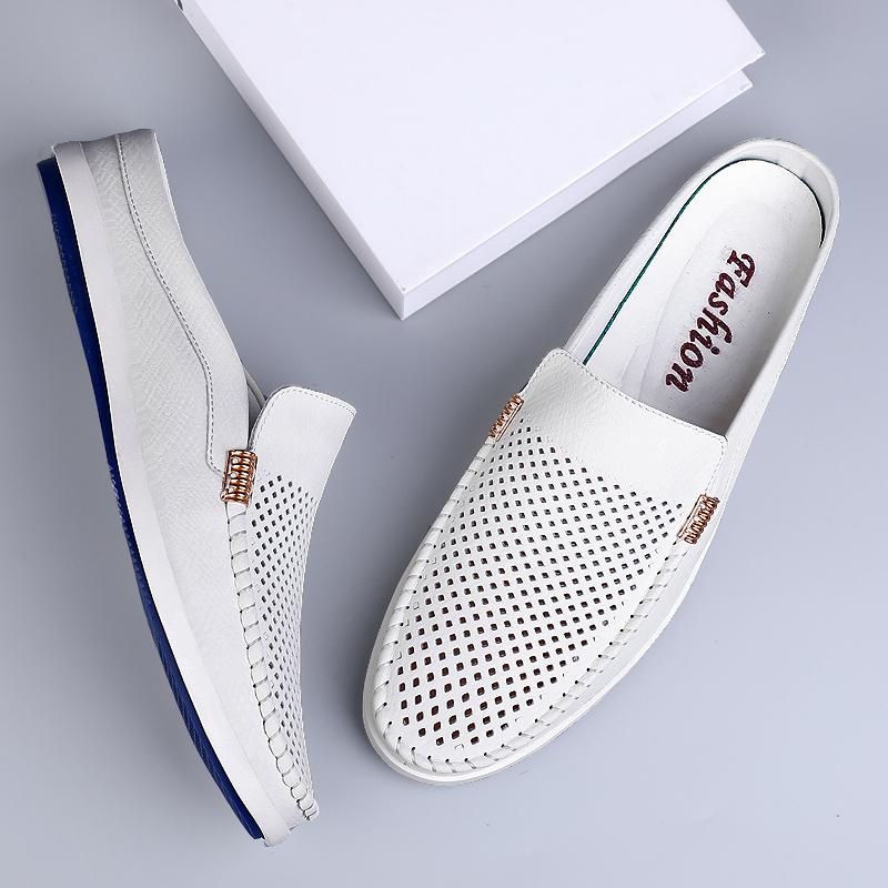 Designer Men Casual Shoes Luxury Brand High Quality Breathable Hollow Out Leather Slipper Mans Loafers Summer Half Shoes For Men