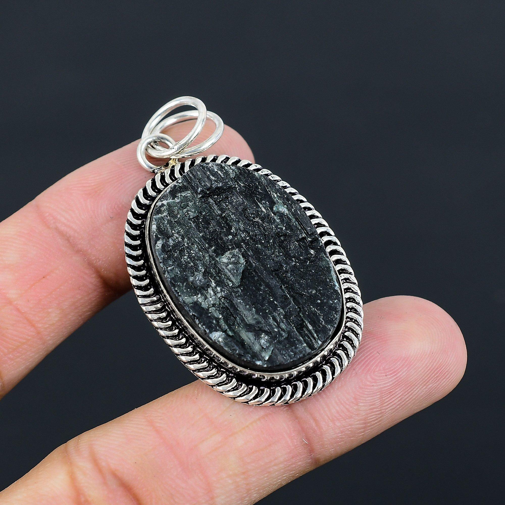 925 Sterling Silver Natural Black Tourmaline Rough Wife Art Deco Wedding Pendant