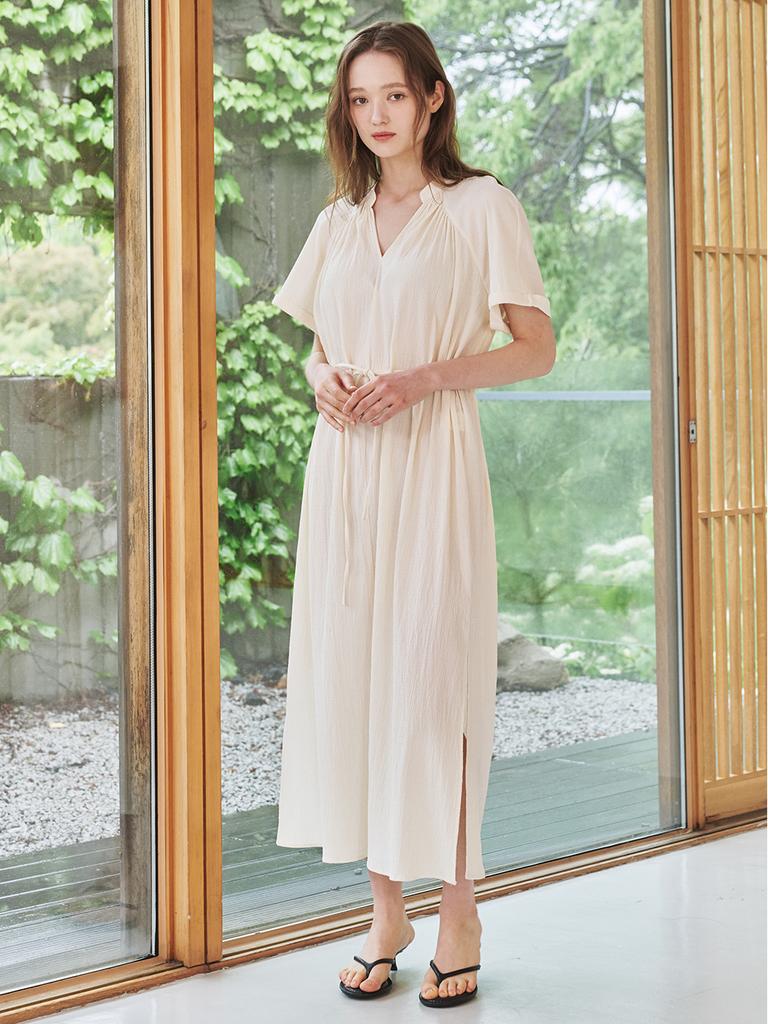 NOUVE V-Neck Shirring Dress - Ivory