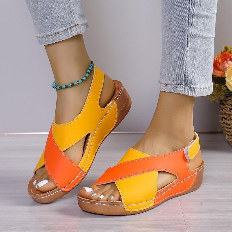 Thick-soled Color Matching Sandals Women's Muffin Bottom Velcro Open-toed Beach Cool Slippers Wish